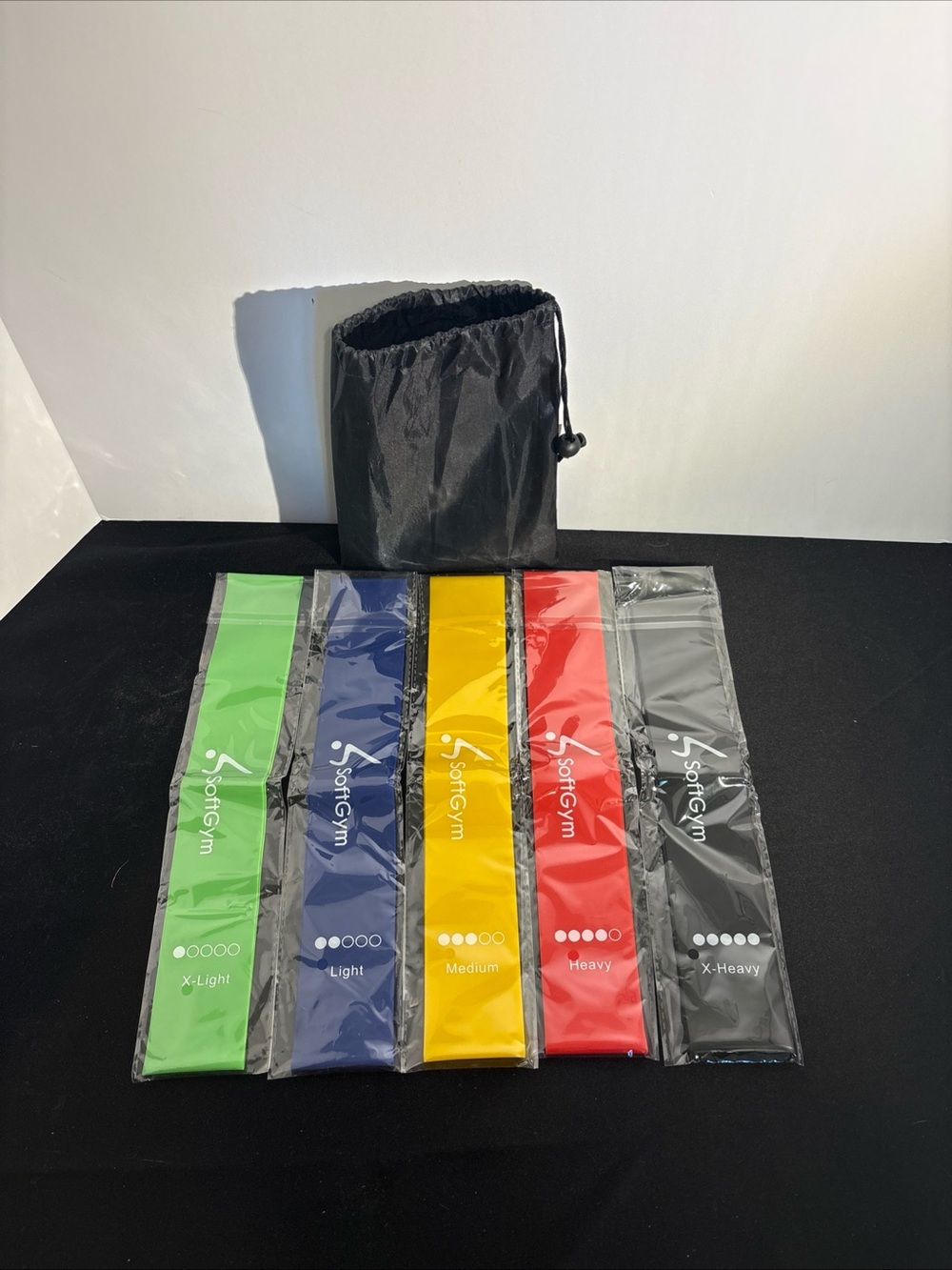 Black Drawstring Pouch with Resistance Bands Set